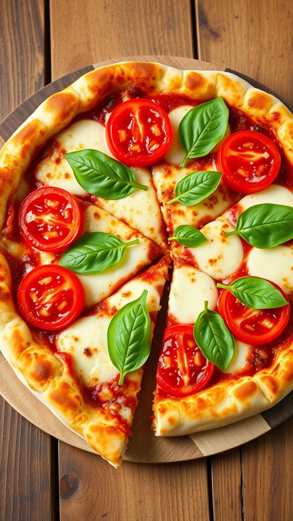 Homemade 6-Inch Margherita Pizza Recipe A small Margherita pizza with tomato, mozzarella, and basil on a wooden table.